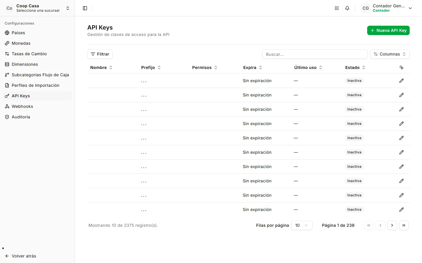API Keys de contabilidad