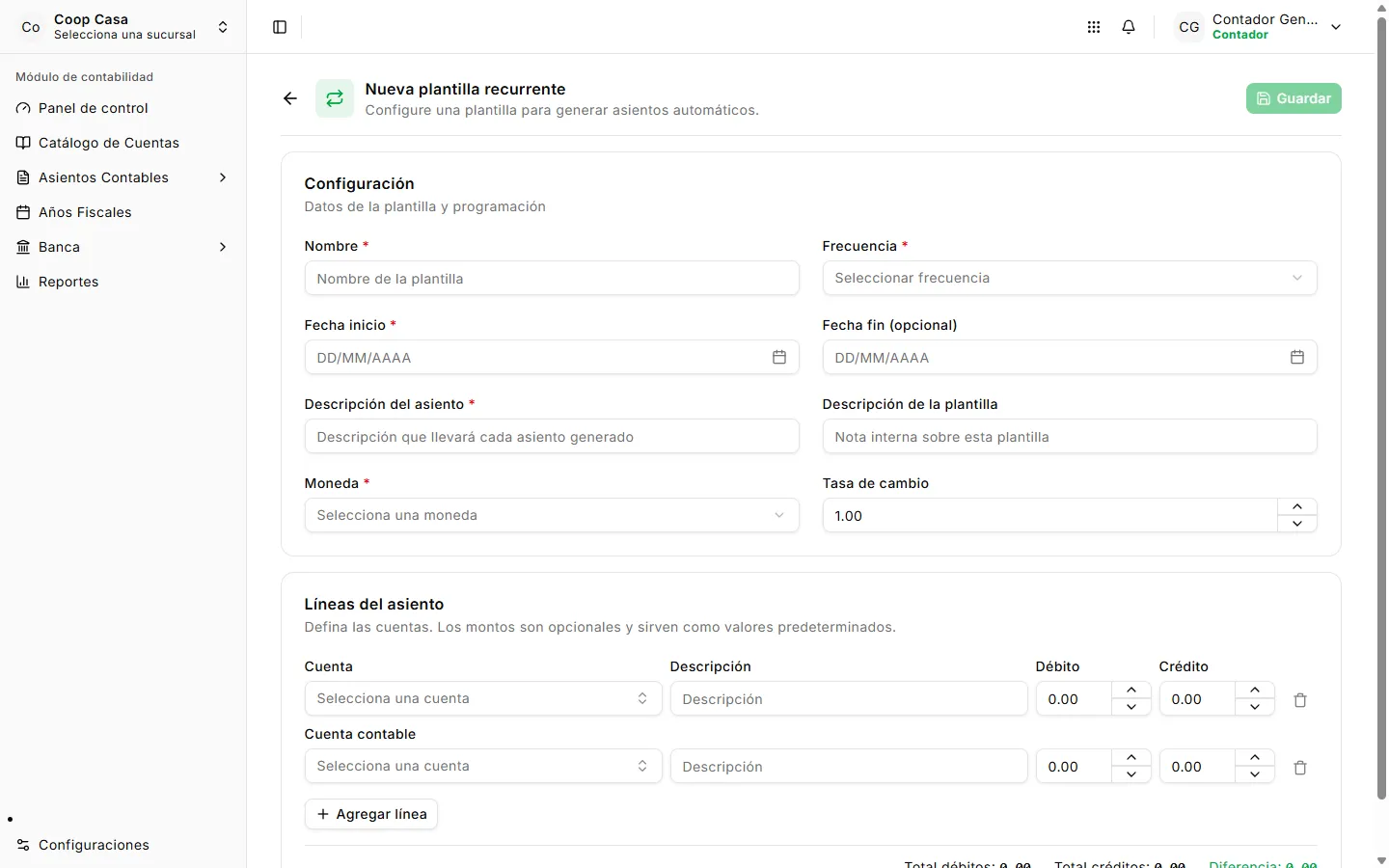 Formulario de un asiento recurrente