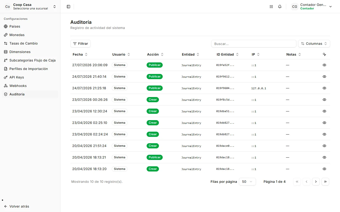 Registro de actividad del módulo de contabilidad