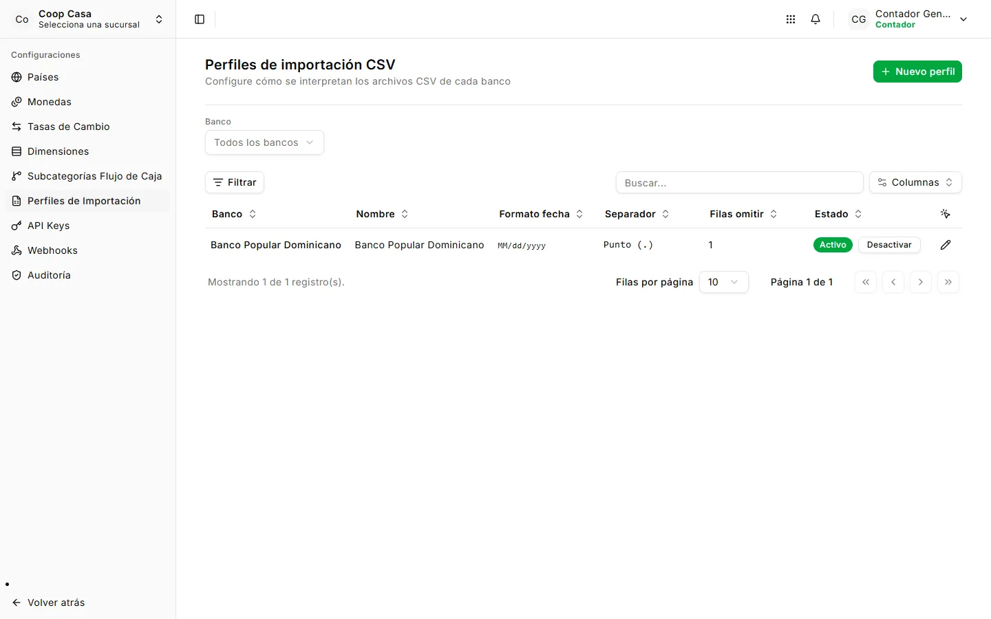 Perfiles de importación CSV por banco