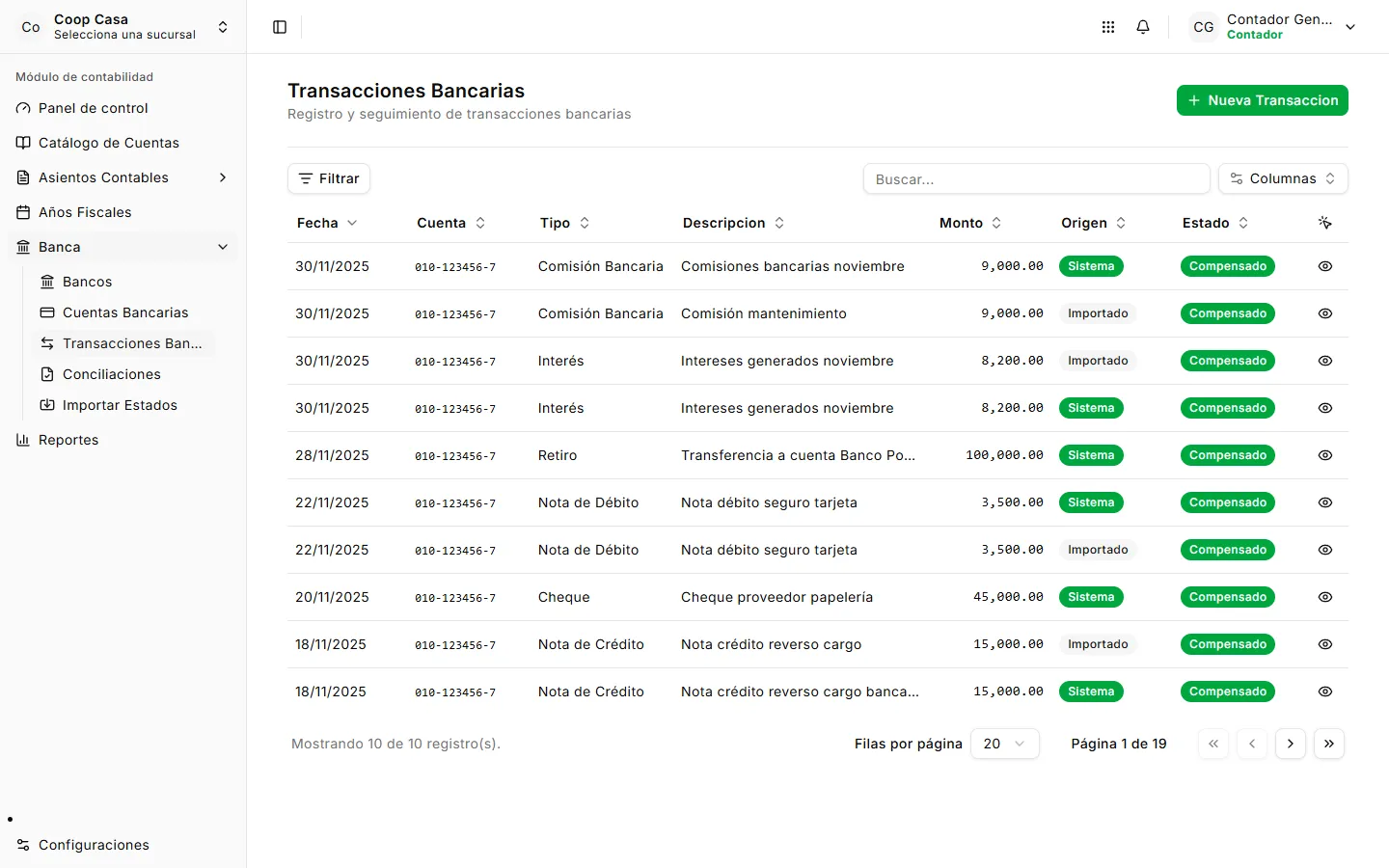 Listado de transacciones bancarias