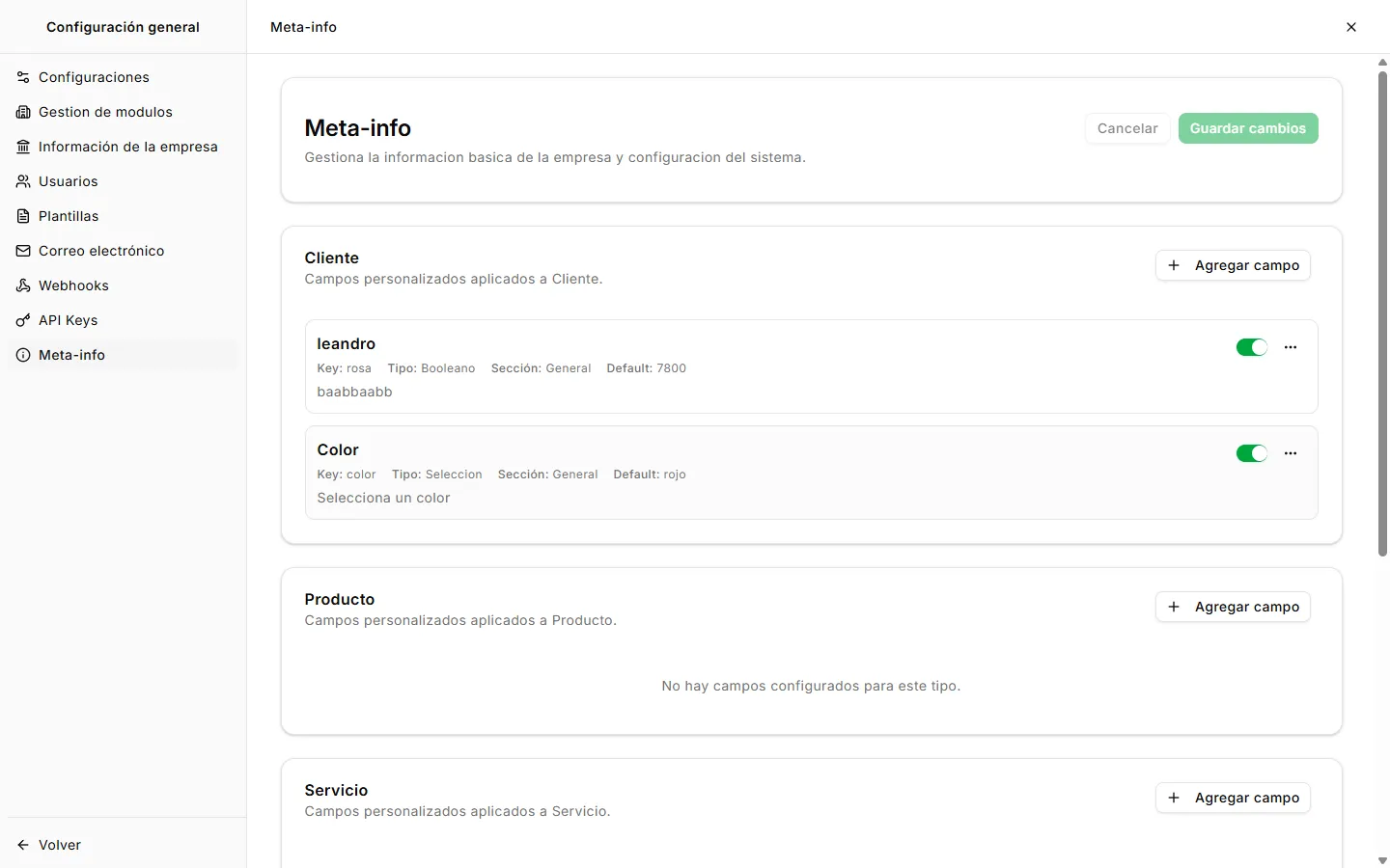 Meta-info — campos personalizados