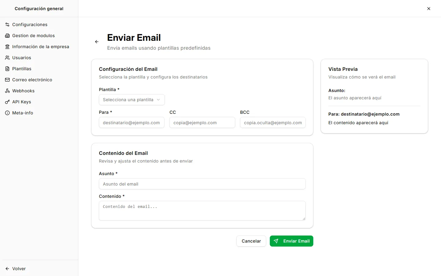 Pantalla de envío de correo