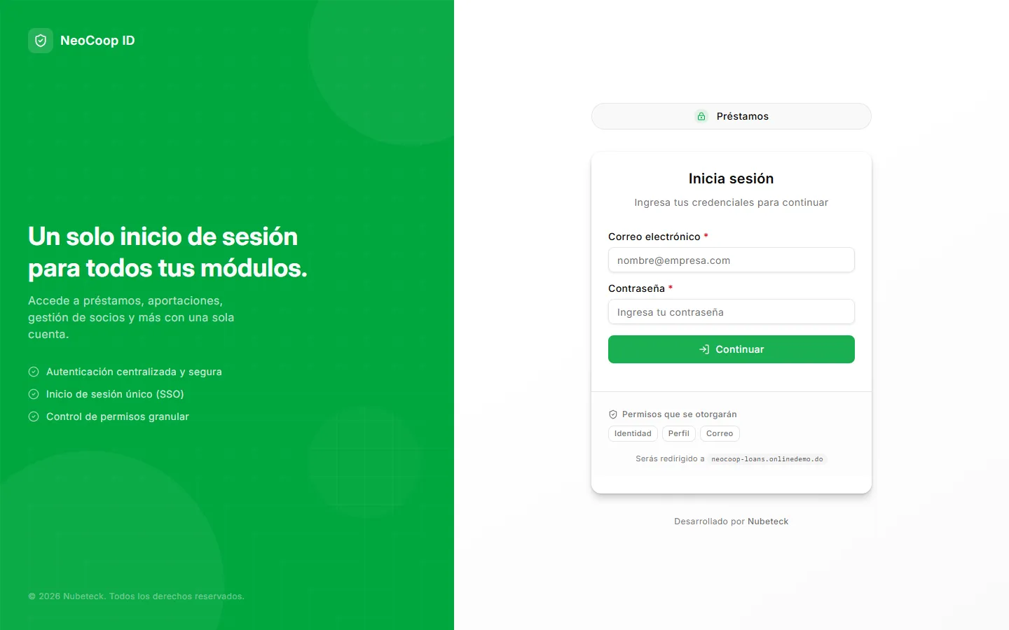 Pantalla de acceso de NeoCoop ID, entrando al módulo de Préstamos