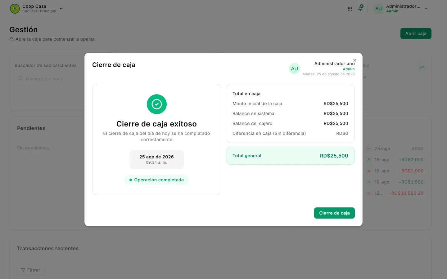 Comprobante de cierre de caja