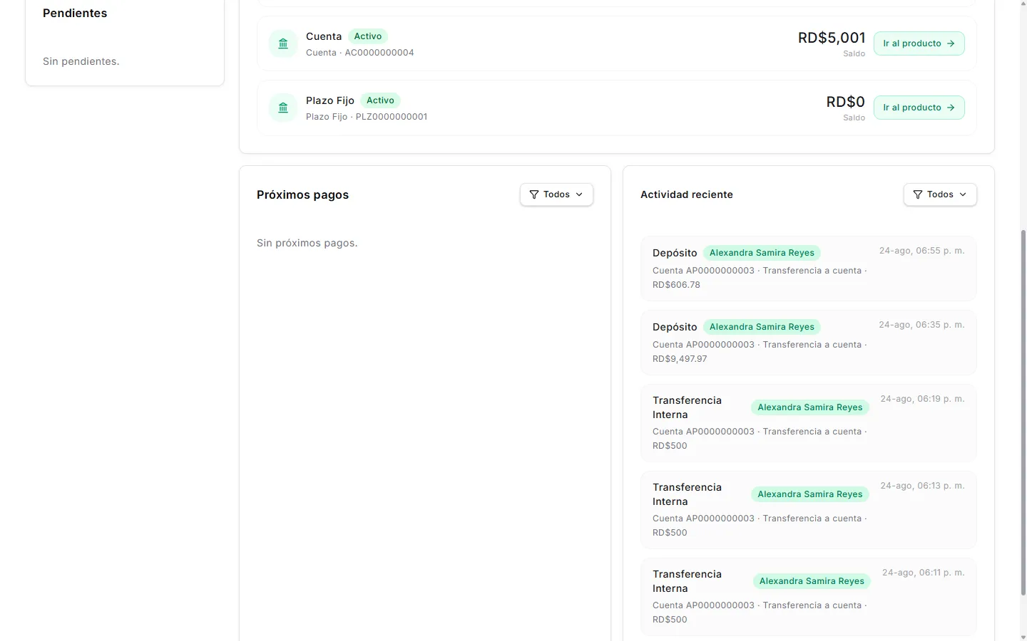 Actividad reciente y próximos pagos del socio
