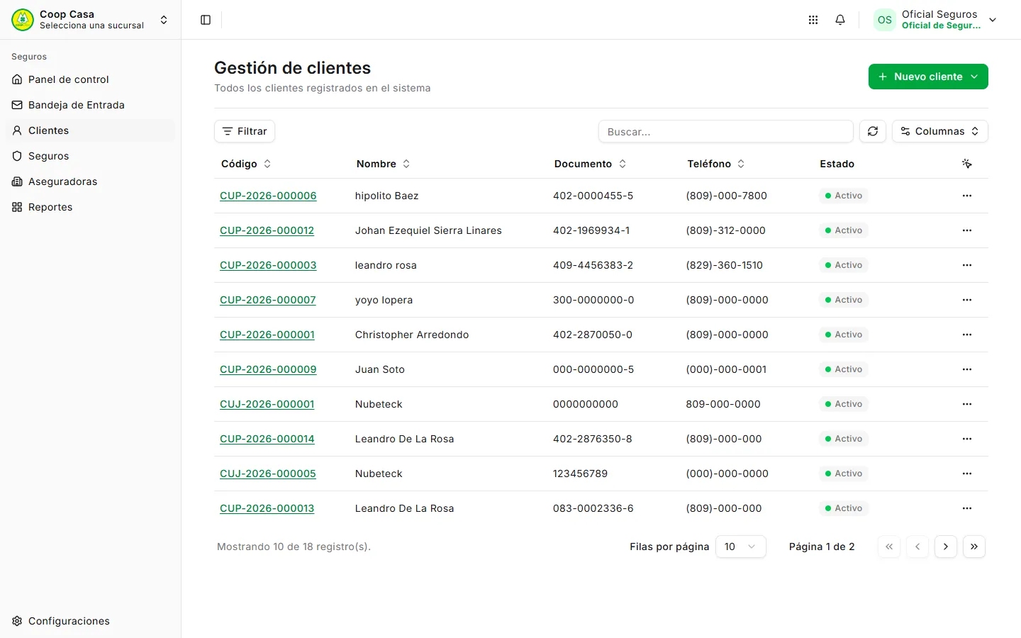 Listado de clientes de seguros