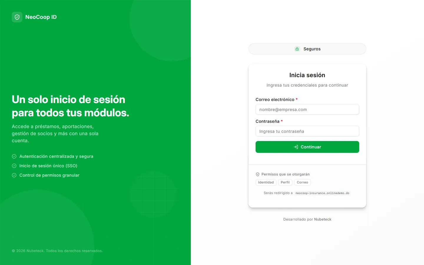 Pantalla de acceso del módulo de seguros