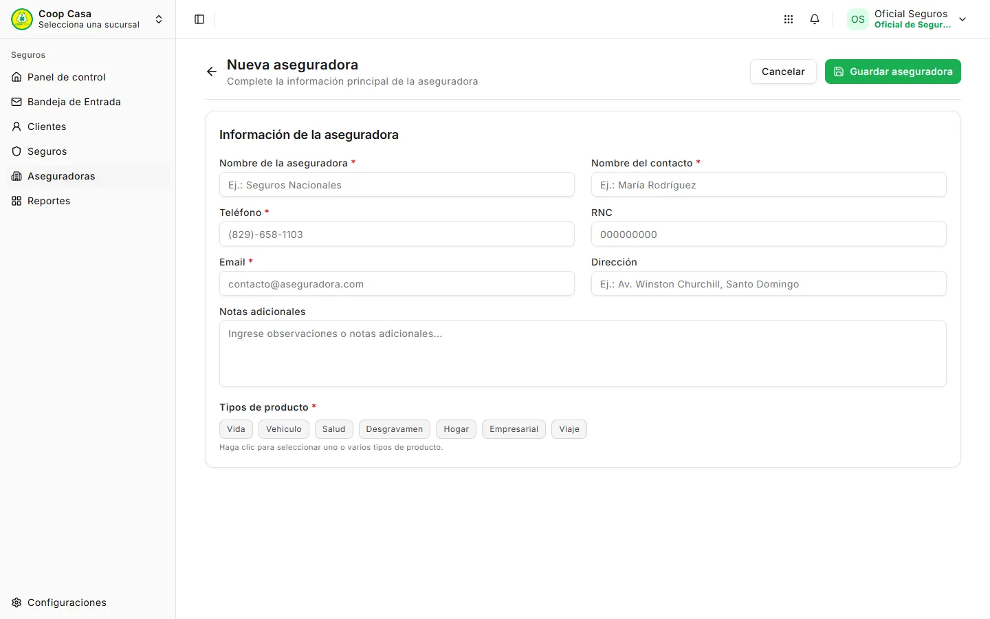 Formulario de una nueva aseguradora