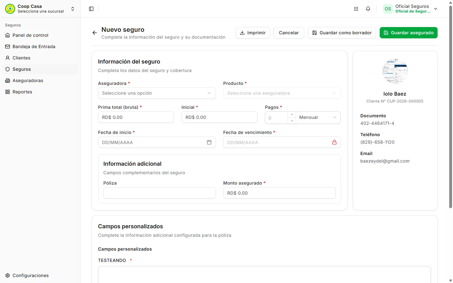 Formulario de un nuevo seguro