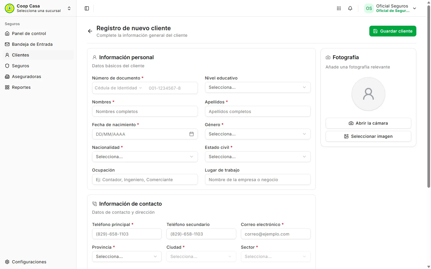 Formulario de un nuevo cliente