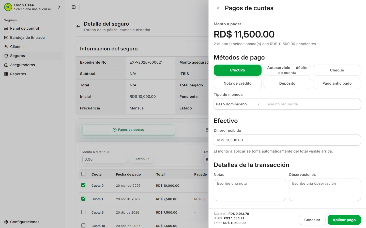 Pago de cuotas de un seguro