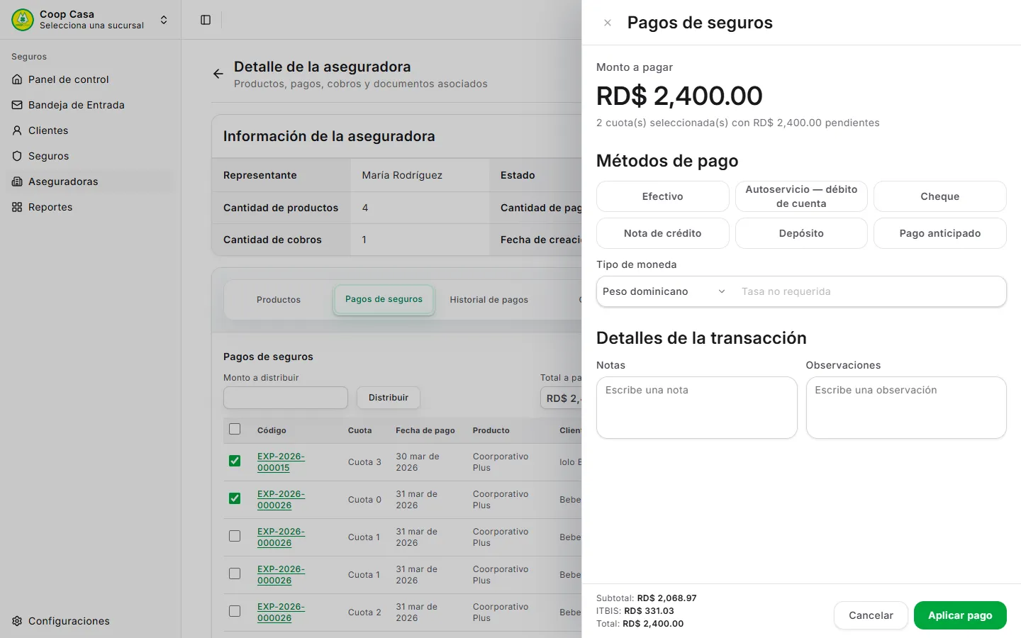 Pago de un seguro a la aseguradora