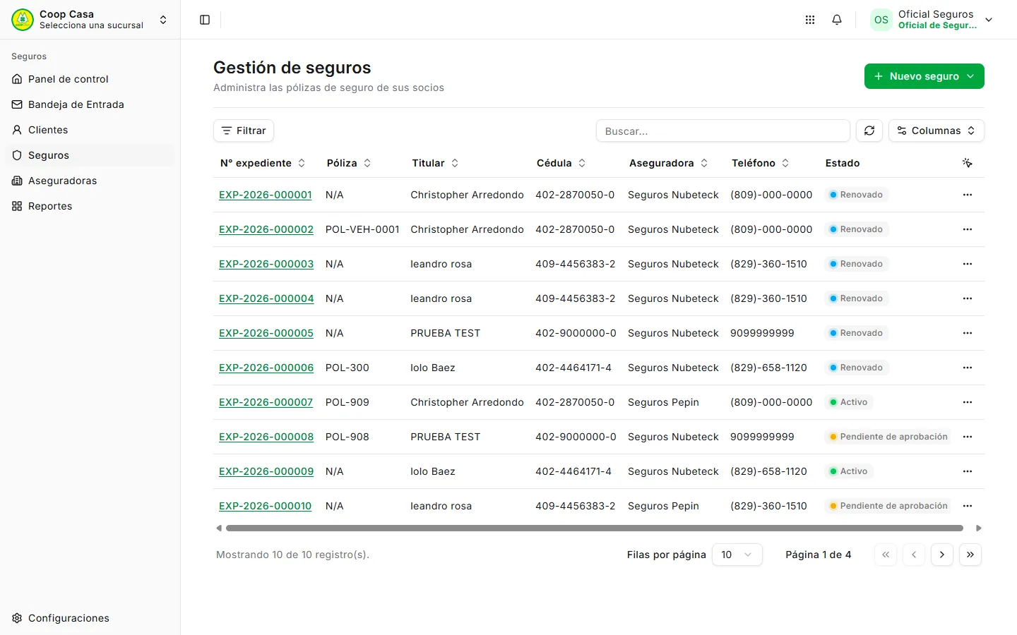 Listado de seguros