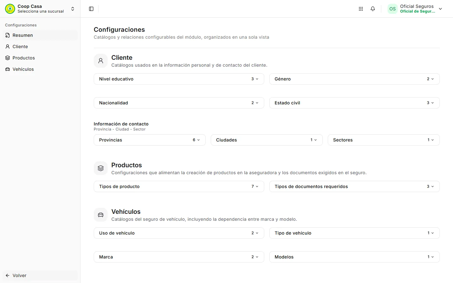 Resumen de configuraciones del módulo de seguros