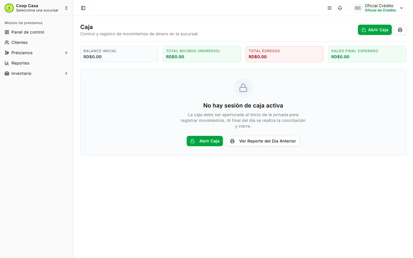 Caja registradora sin sesión de caja activa