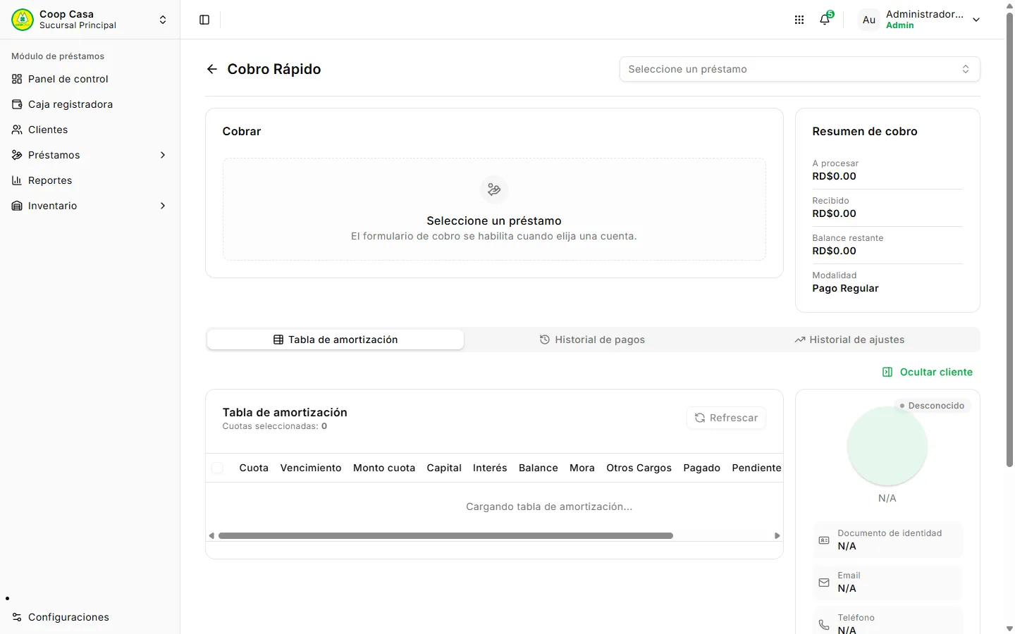 Pantalla de Cobro Rápido, antes de elegir un préstamo