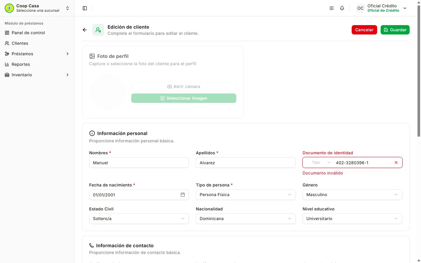 Formulario de edición de un cliente, con el documento de identidad marcado como inválido