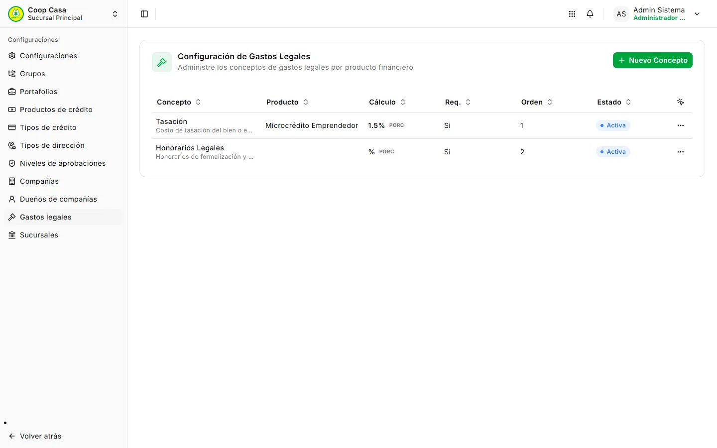 Configuración de gastos legales