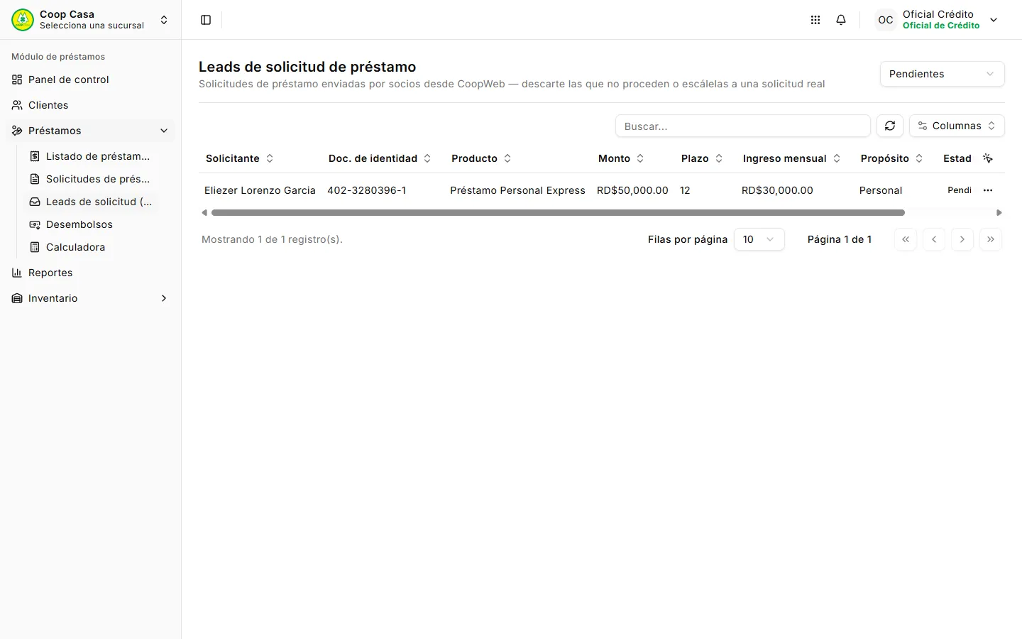 Listado de prospectos de solicitud