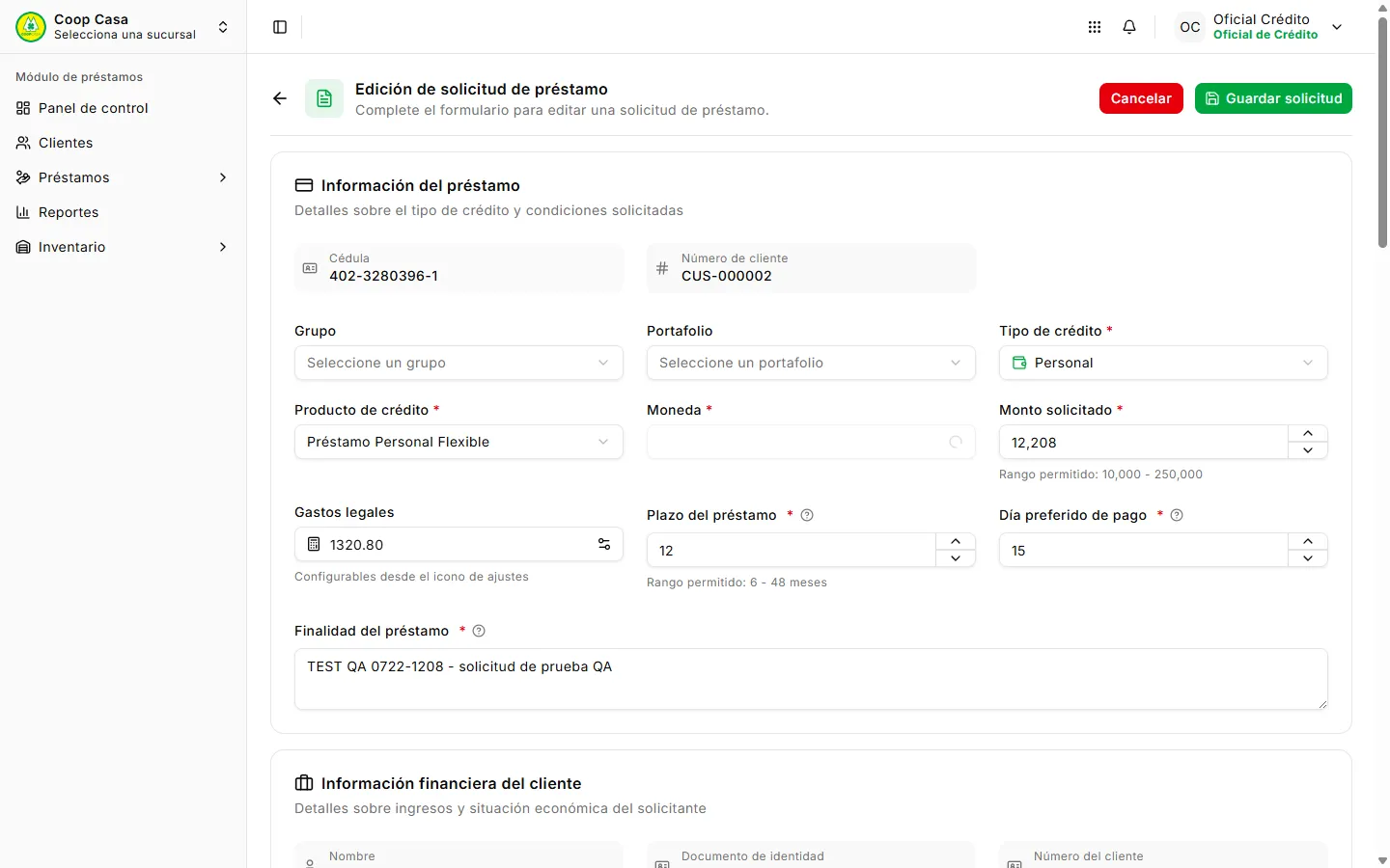 Formulario de una solicitud