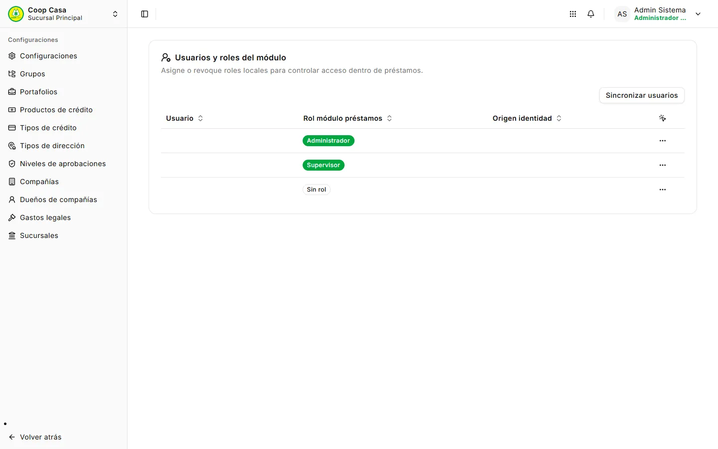 Pantalla de usuarios y roles en las configuraciones de Préstamos