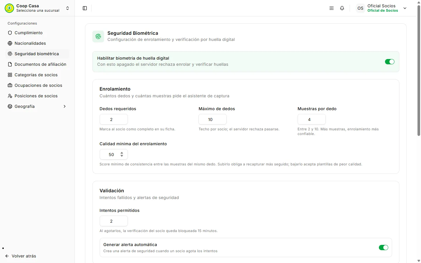 Configuración de seguridad biométrica