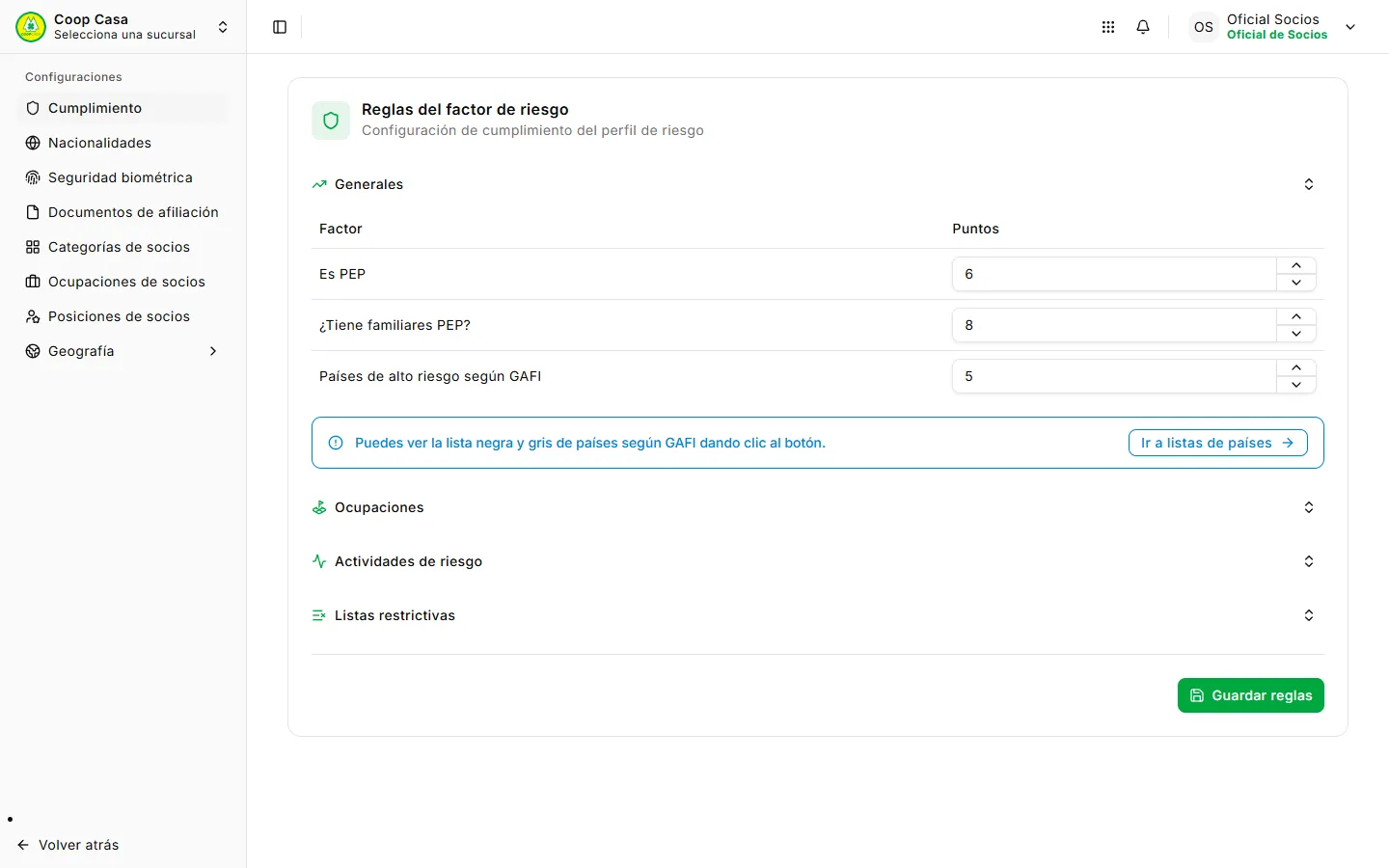 Configuración de cumplimiento — reglas del factor de riesgo