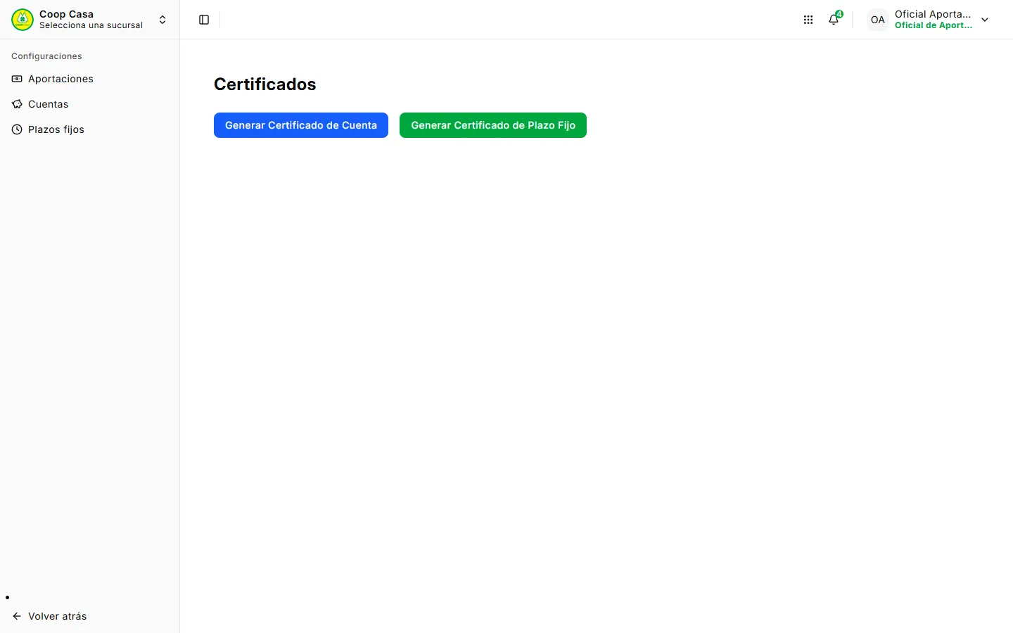 Pantalla de generación de certificados