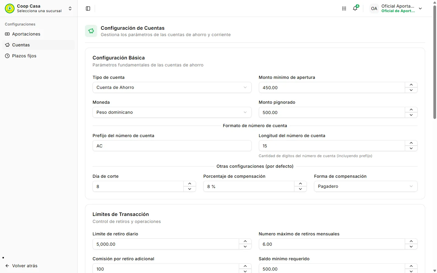 Configuración de cuentas de ahorro