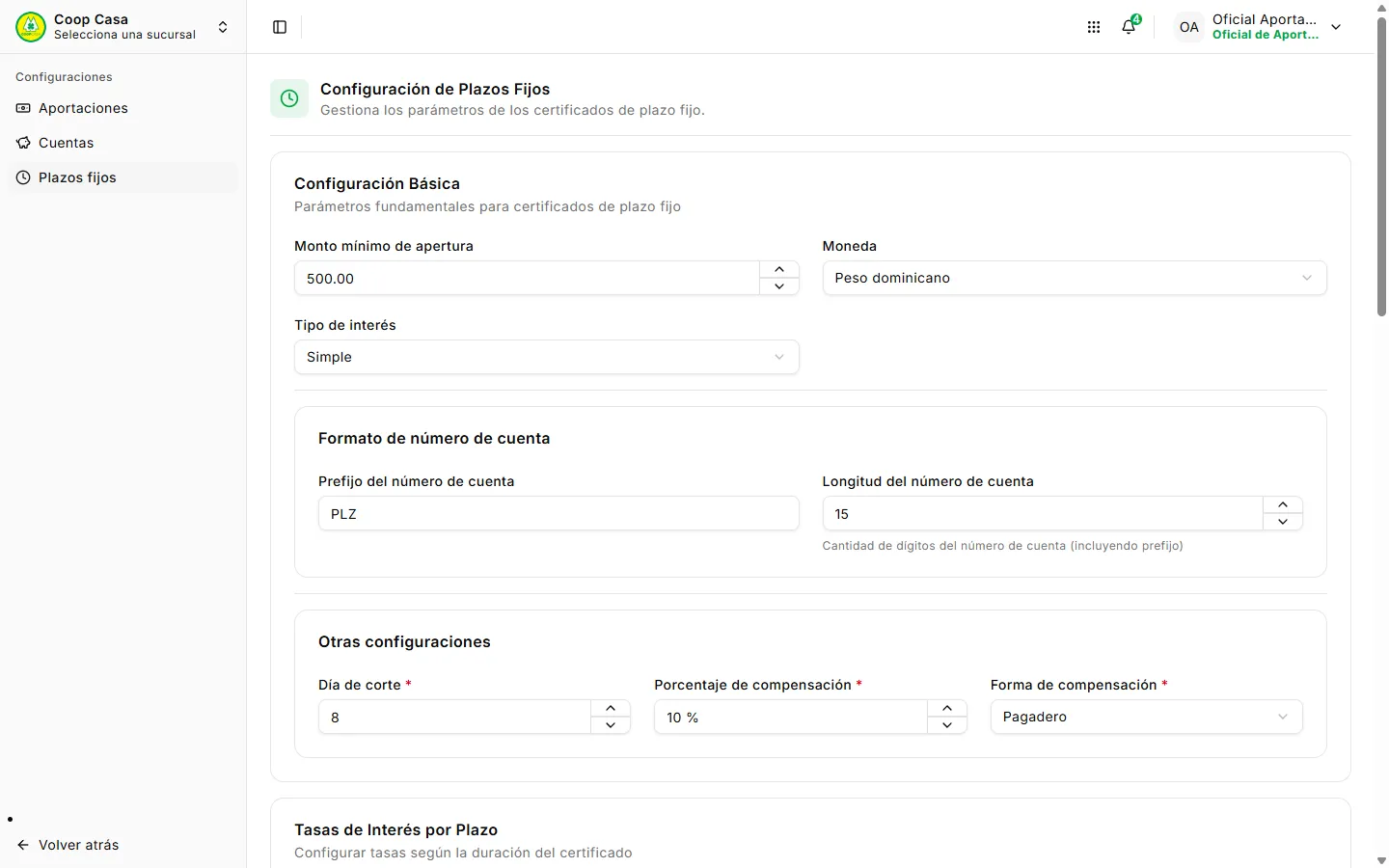 Configuración de depósitos a plazo fijo