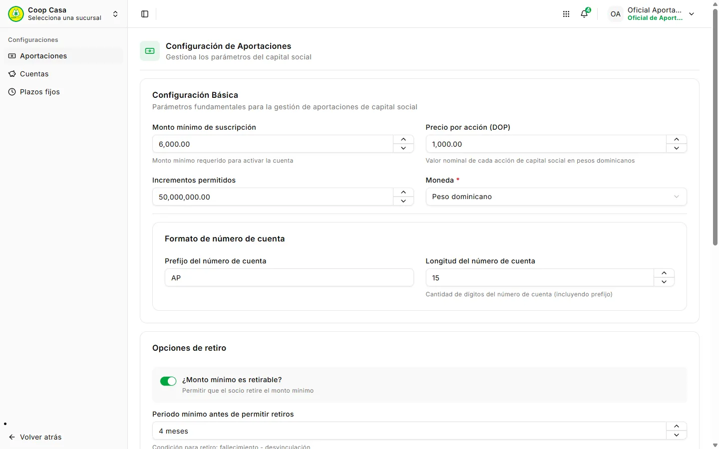 Configuración de aportaciones — parámetros del capital social